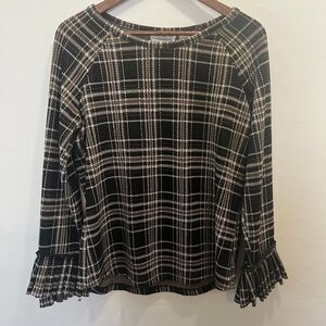 New Direction Womens Brown Plaid Long Sleeve Ruffle Sleeve Cuff Top Size Large